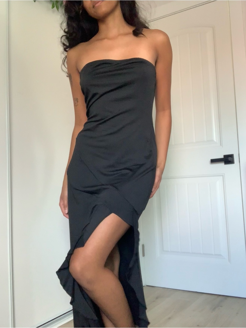 Black Ruffle Side-Slit Slip Dress - Picture 3 of 6